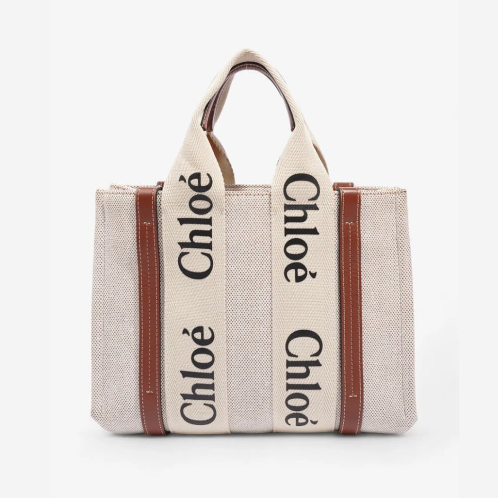 Chloé Canvas Leather Top Handle Tote Bag In Sand Beige Logo Detail Open Top